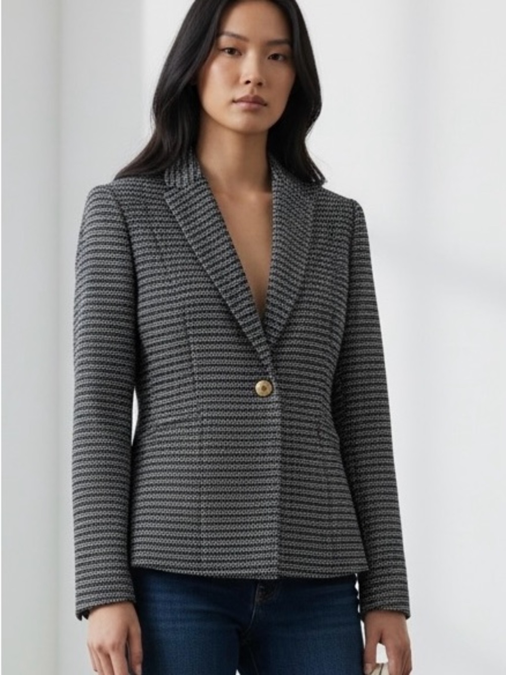 Tahari ASL Black White Boucle Shawl Collar Blazer Gold Button Workwear Jacket| 6